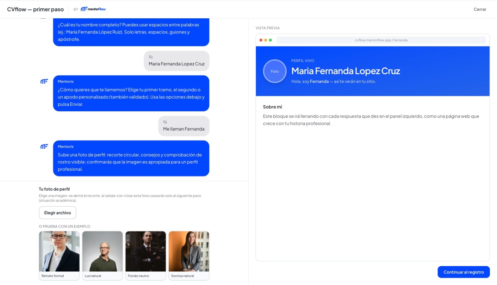 Interfaz de CVFlow: chat guiado y vista previa del perfil web