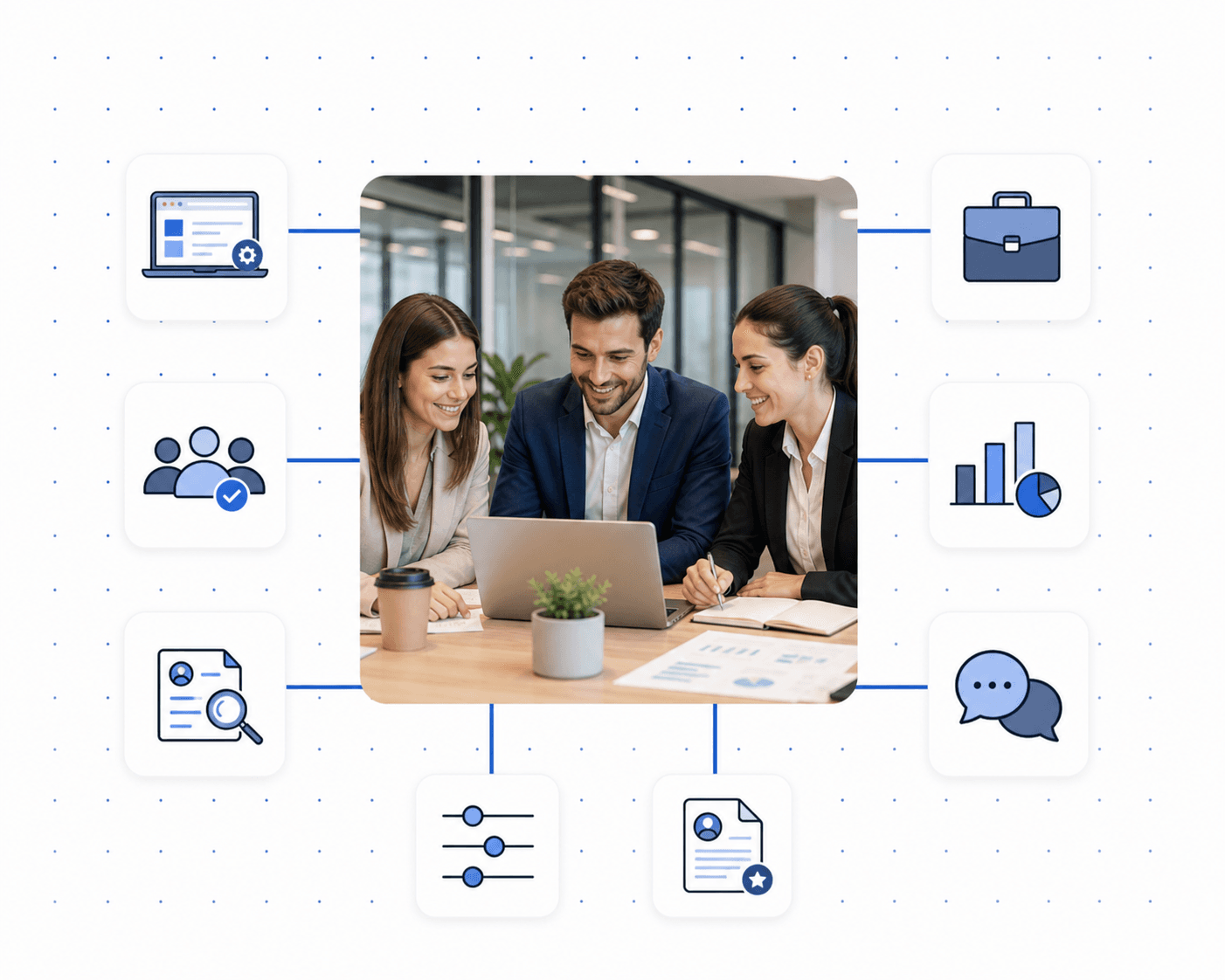 Equipos empresariales conectados en una sola plataforma